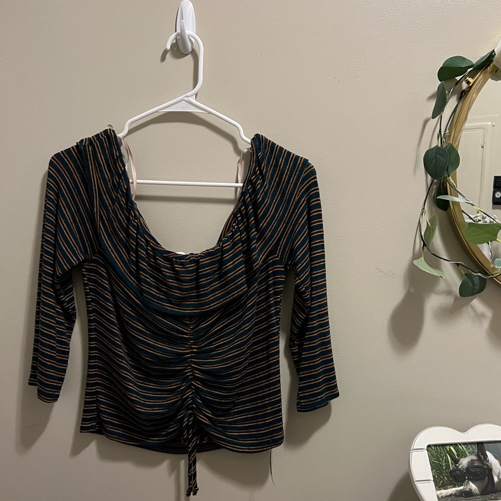 Green and yellow striped, off shoulder top with adjustable length pull ties